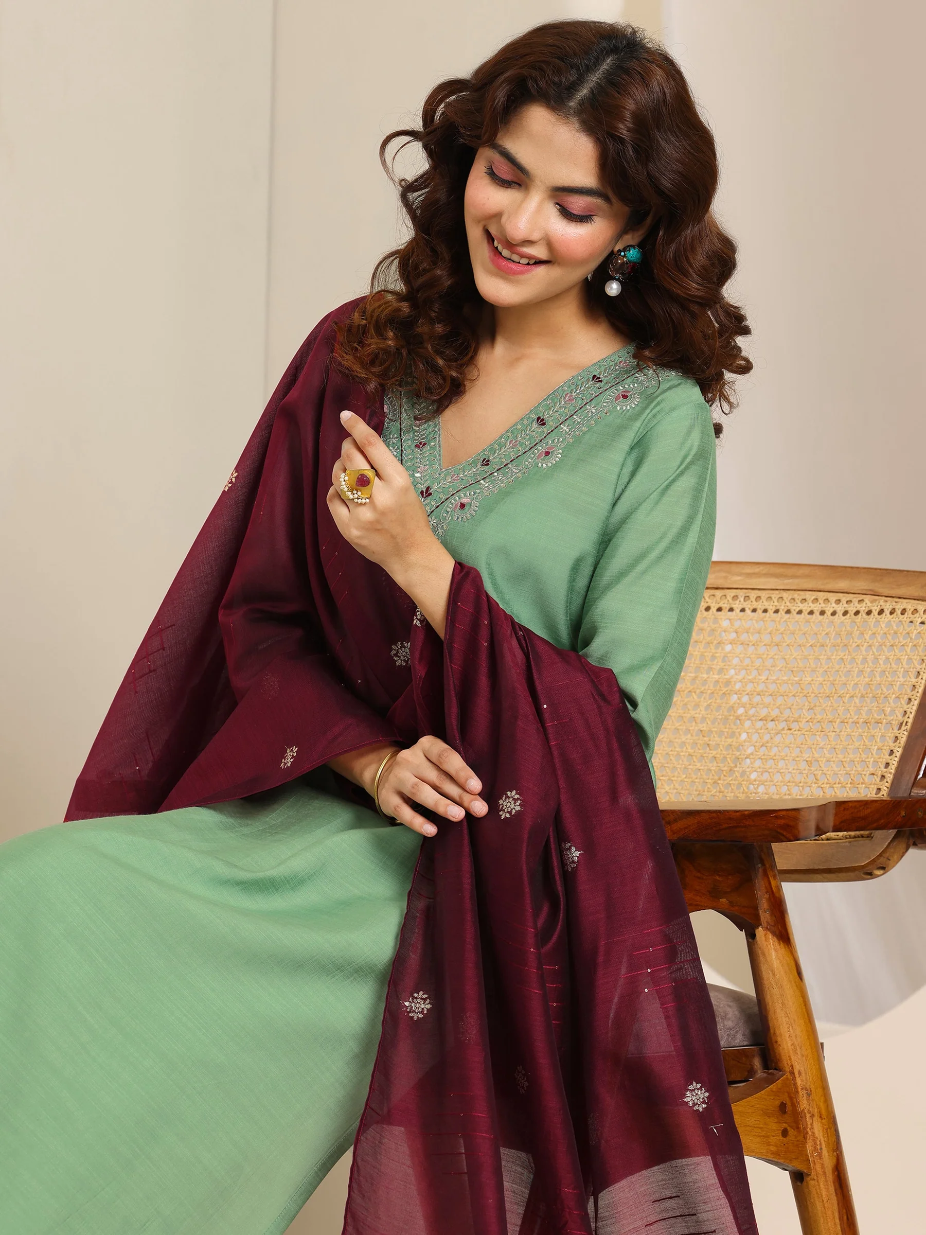 400608_7_main_7a8004f9-d4d0-4dcb-ad64-296063f8fec0 Green Yoke Design Silk Blend Straight Suit Set With Dupatta