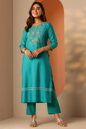 Turquoise Blue Embroidered Silk Blend Straight Kurta Set