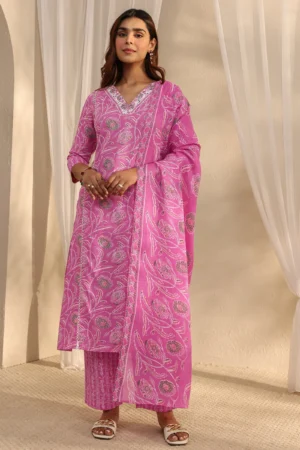 Home Pink Floral Printed Cotton A-Line Suit Set With Dupatta