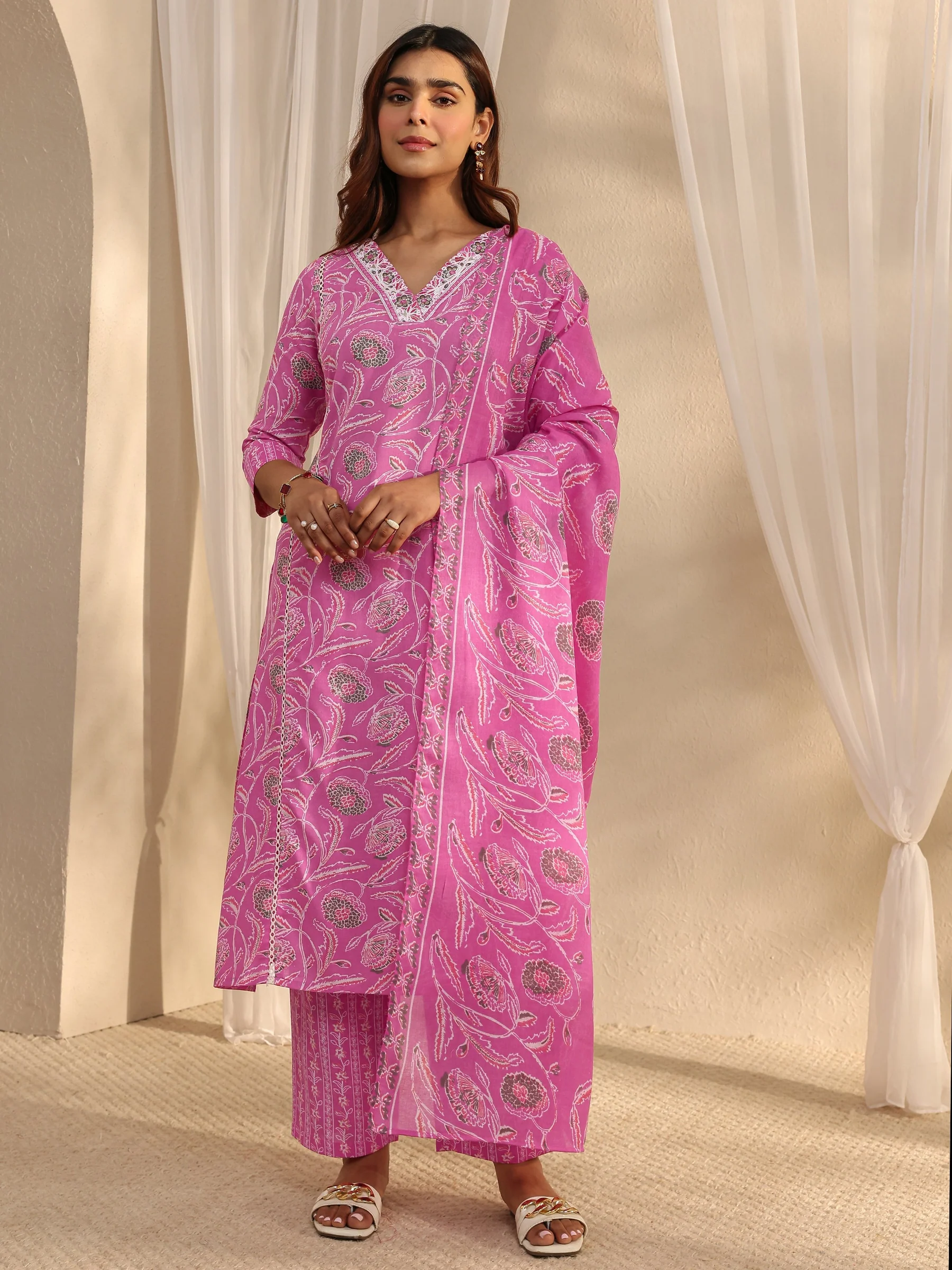 93327_1_cf76bc47-dd68-4baf-83a6-61e1d348125d Pink Floral Printed Cotton A-Line Suit Set With Dupatta
