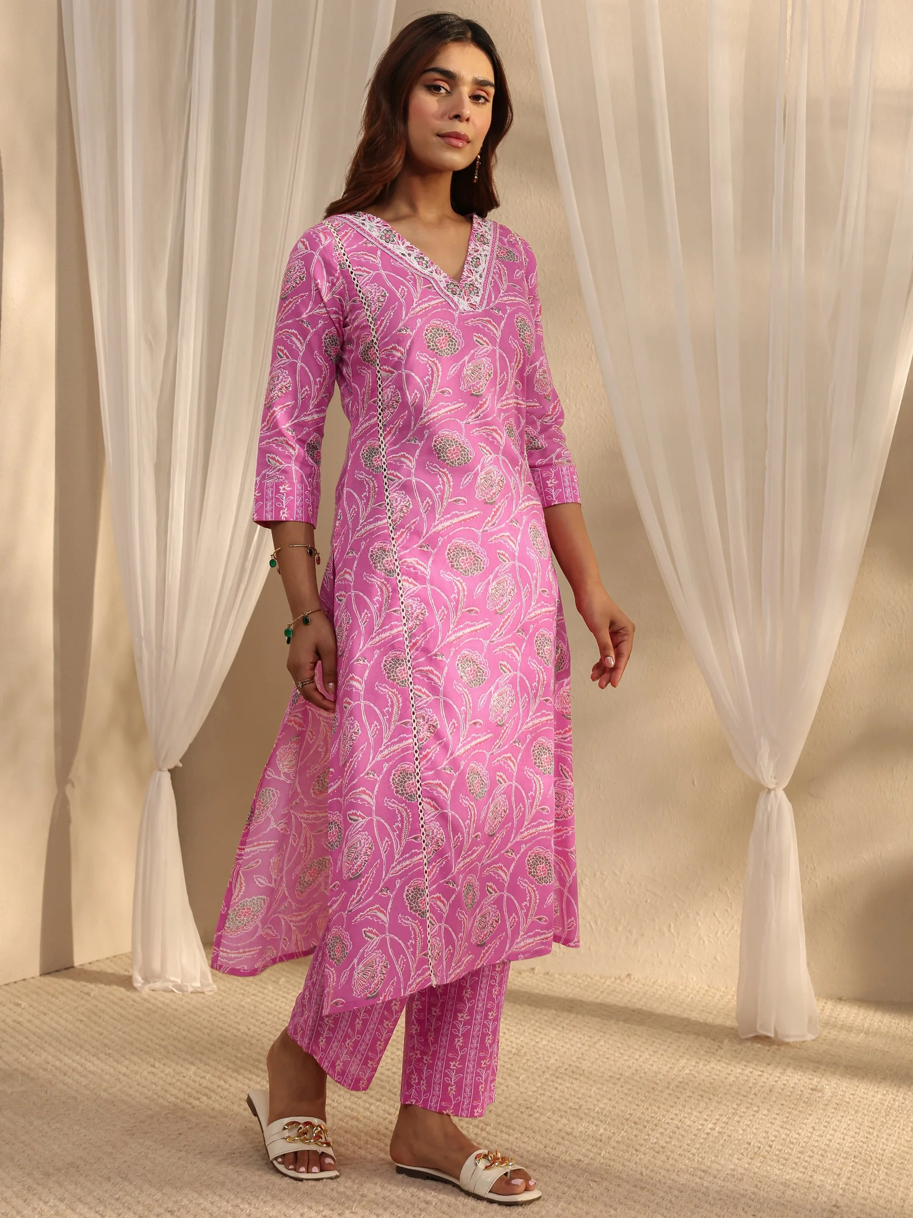 93327_2_7f835c30-2695-46ce-ae9a-e45143180ec0 Pink Floral Printed Cotton A-Line Suit Set With Dupatta - Image 3