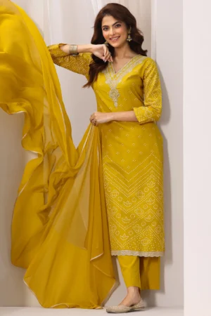Mustard Printed Cotton Straight Suit Set With Dupatta