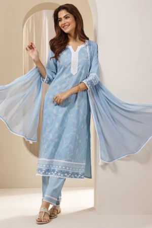 Blue Embroidered Cotton Straight Suit Sets With Dupatta