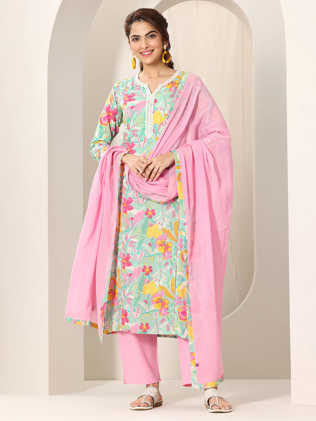 99381_1_9a5f444a-7b0f-43a1-b540-58ad429fe577 Turquoise Blue Printed Cotton Straight Suit Set With Dupatta - Image 2