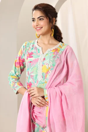 Turquoise Blue Printed Cotton Straight Suit Set With Dupatta