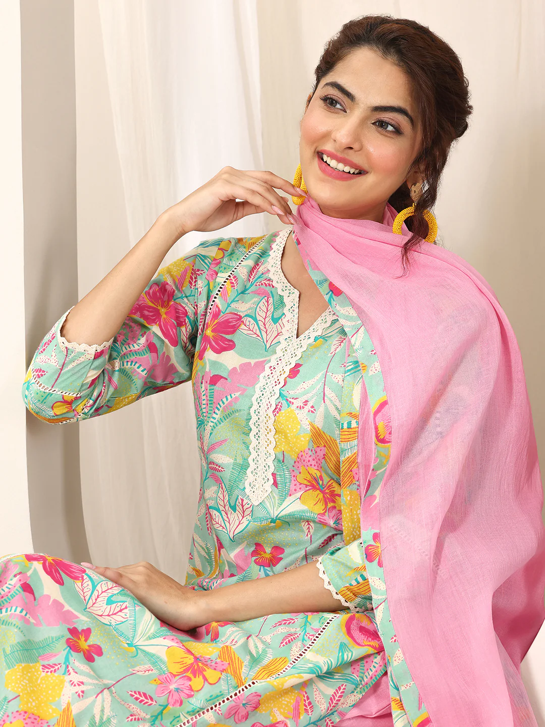 99381_7Main_4f049721-c8d3-4431-9793-76820ff1ffba Turquoise Blue Printed Cotton Straight Suit Set With Dupatta - Image 8
