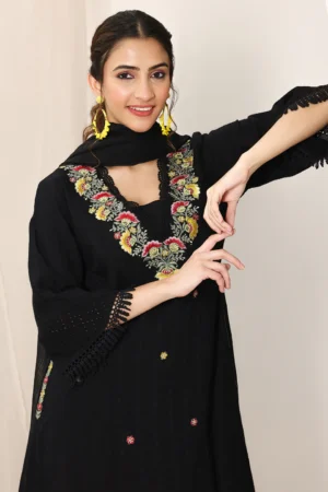 Black Embroidered Cotton Straight Suit Set With Dupatta