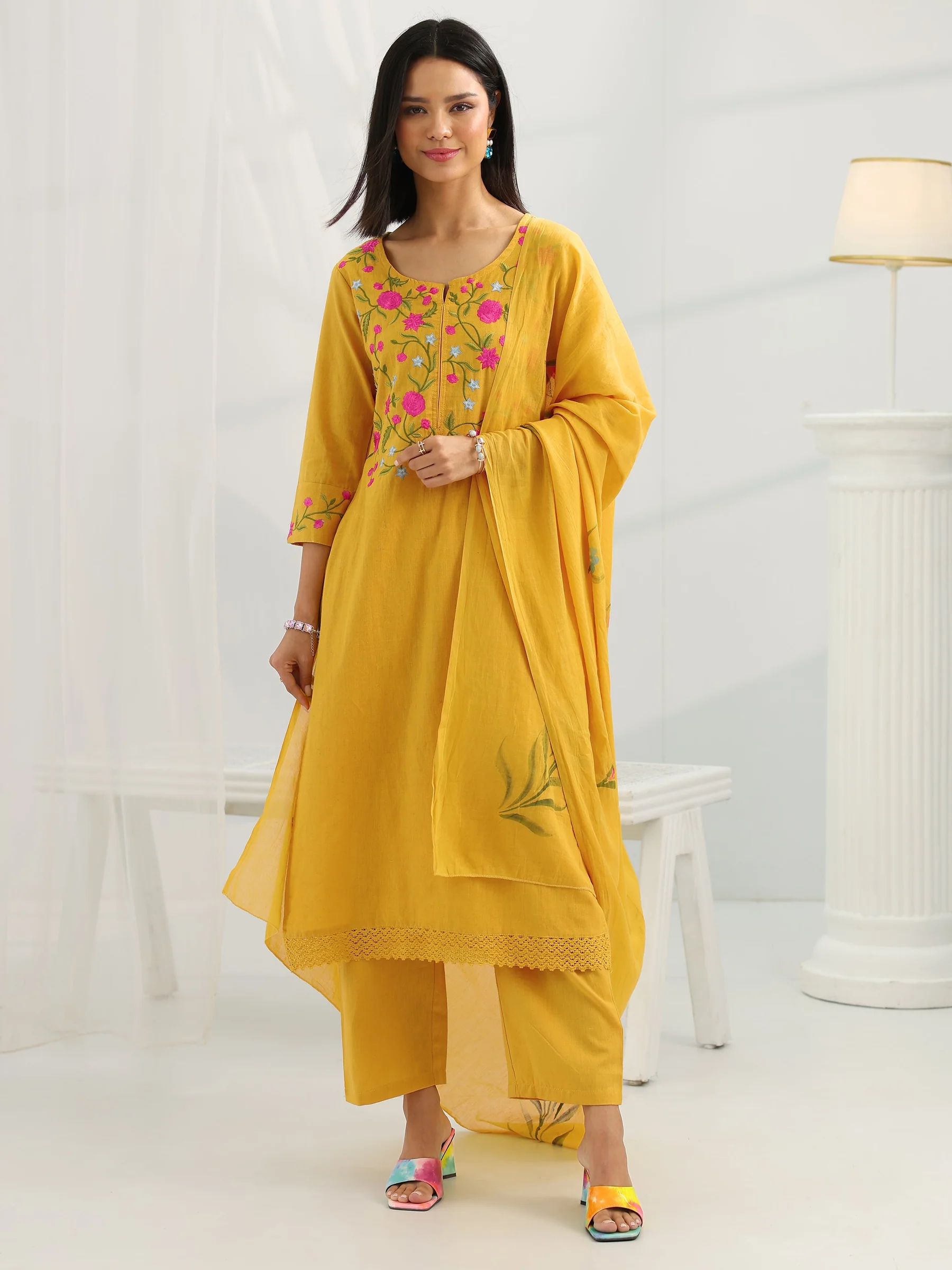 99436_1_e771178e-693f-4107-b001-0a4f22e71b9c Mustard Yoke Design Cotton Straight Suit Set With Dupatta - Image 2
