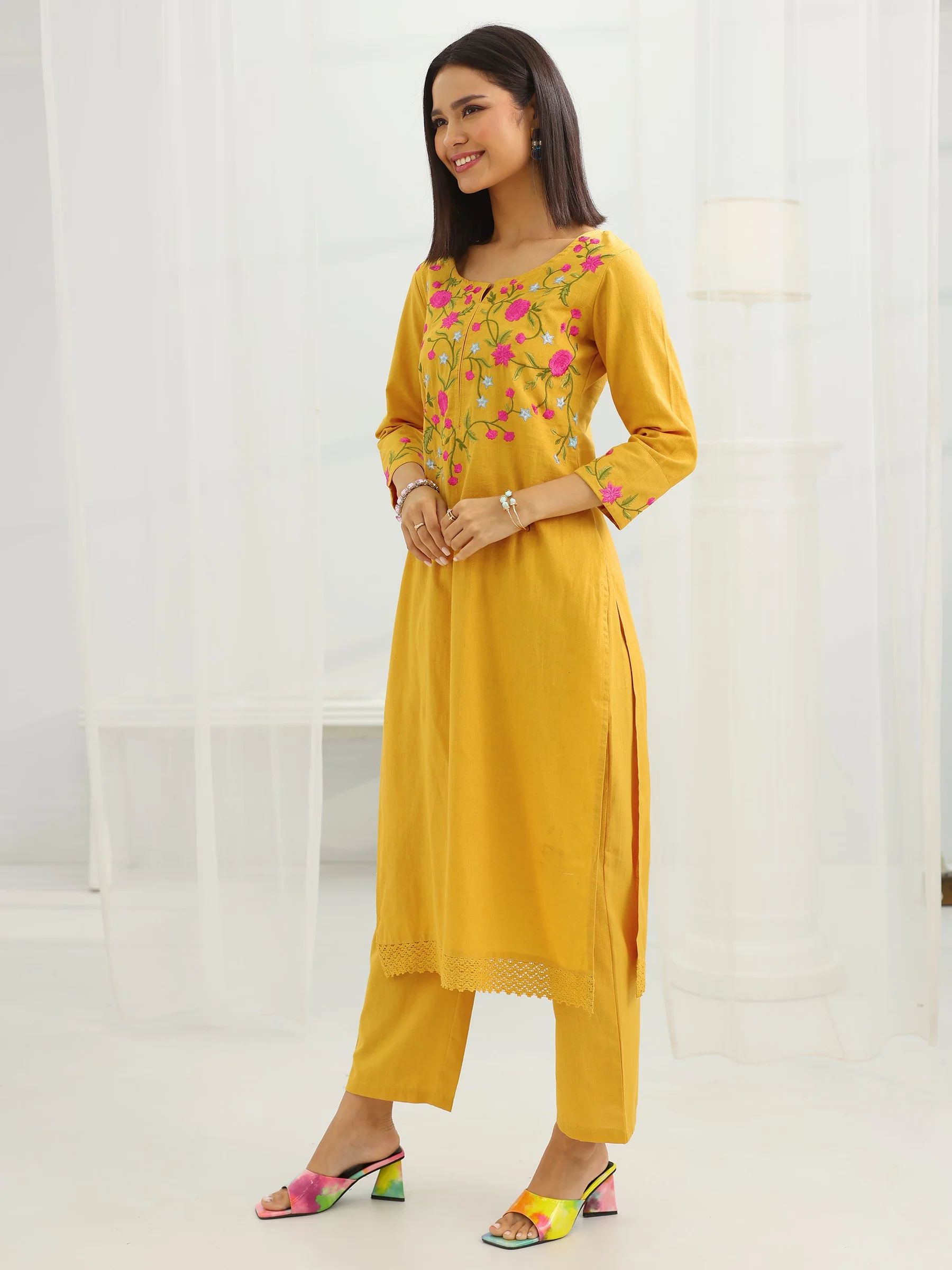 99436_2_5963d74f-432f-4622-a8fb-0f342e3da87e Mustard Yoke Design Cotton Straight Suit Set With Dupatta - Image 3