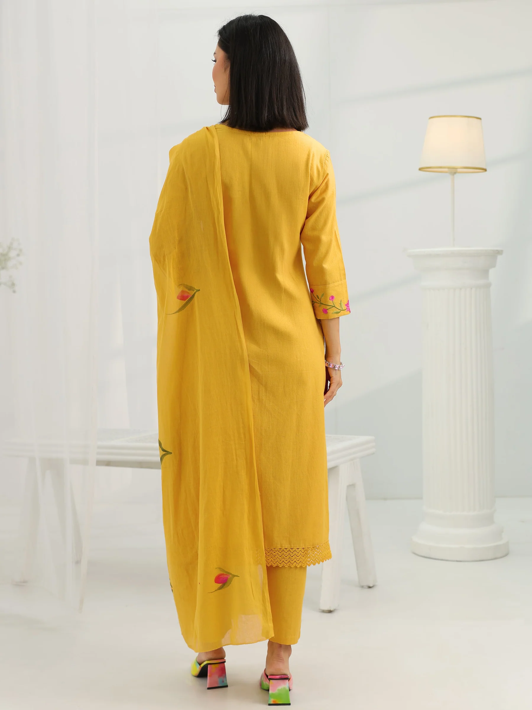 99436_3_2b08733d-e8b0-45b7-9247-a1d93bfbfaf0 Mustard Yoke Design Cotton Straight Suit Set With Dupatta - Image 4
