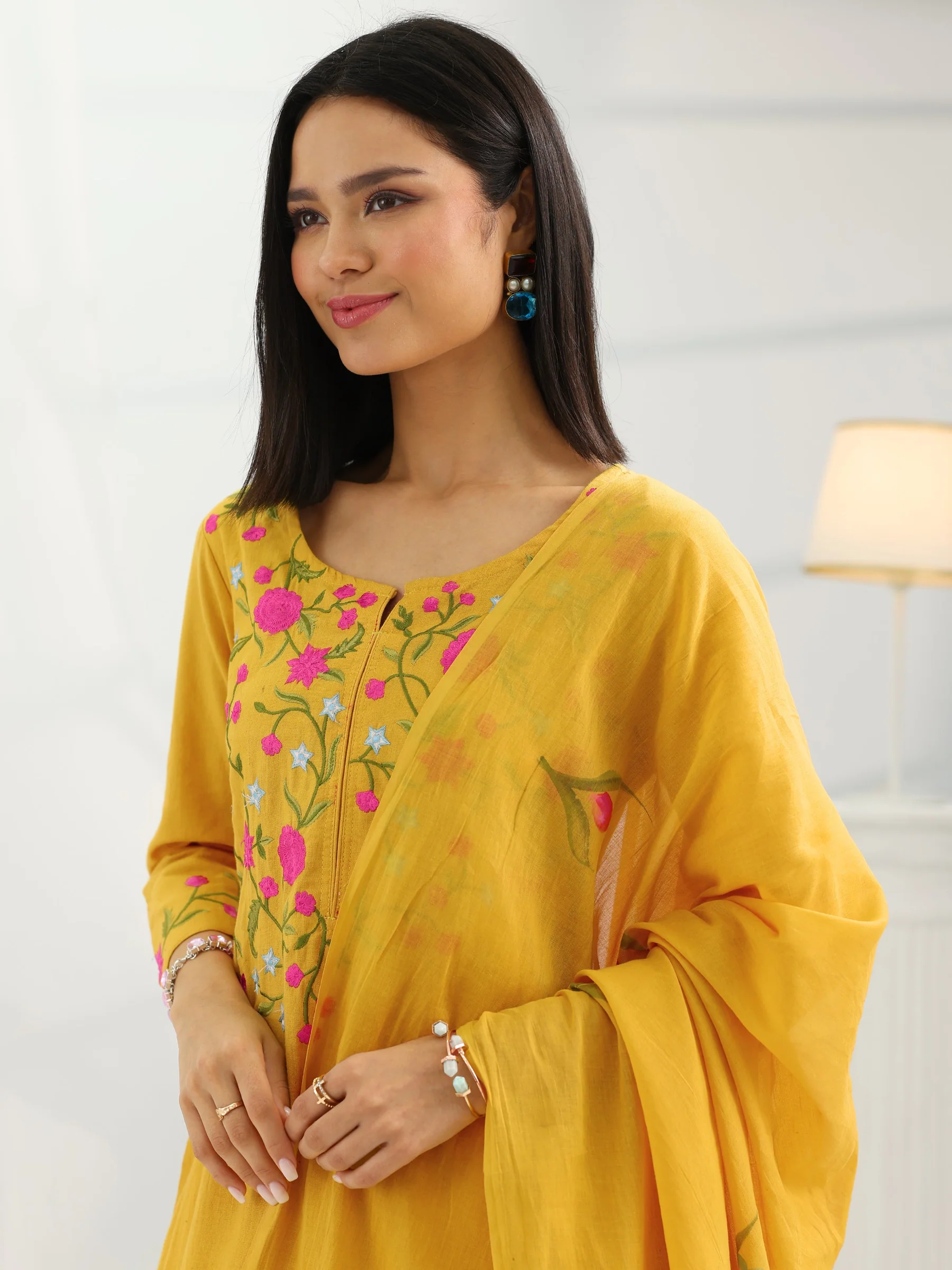 99436_4_9318fceb-0b83-4556-b79e-50f67673c96c Mustard Yoke Design Cotton Straight Suit Set With Dupatta - Image 5