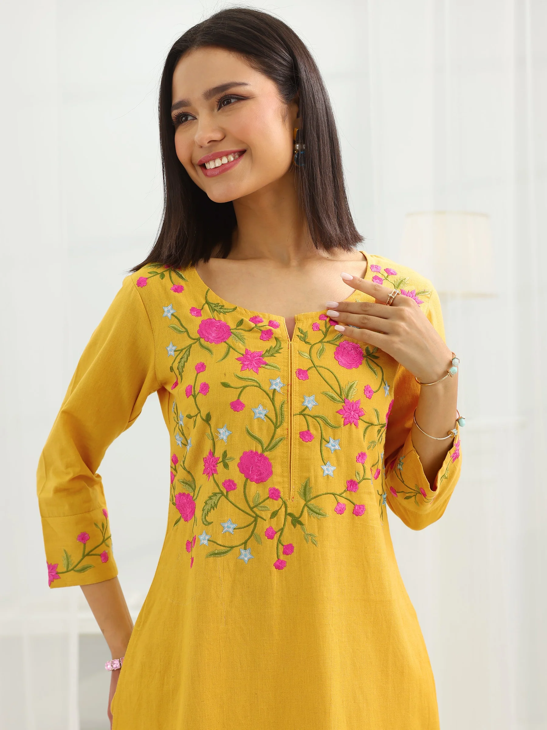 99436_6_03234701-82b6-4bc5-84e5-673ad89f3d67 Mustard Yoke Design Cotton Straight Suit Set With Dupatta - Image 7