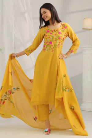 Mustard Yoke Design Cotton Straight Suit Set With Dupatta