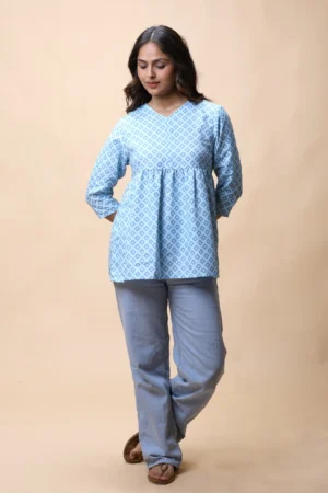 Aqua Blue Empire Line Printed Short Kurti