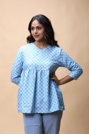 Aqua Blue Ikkat Print Peplum Short Kurti