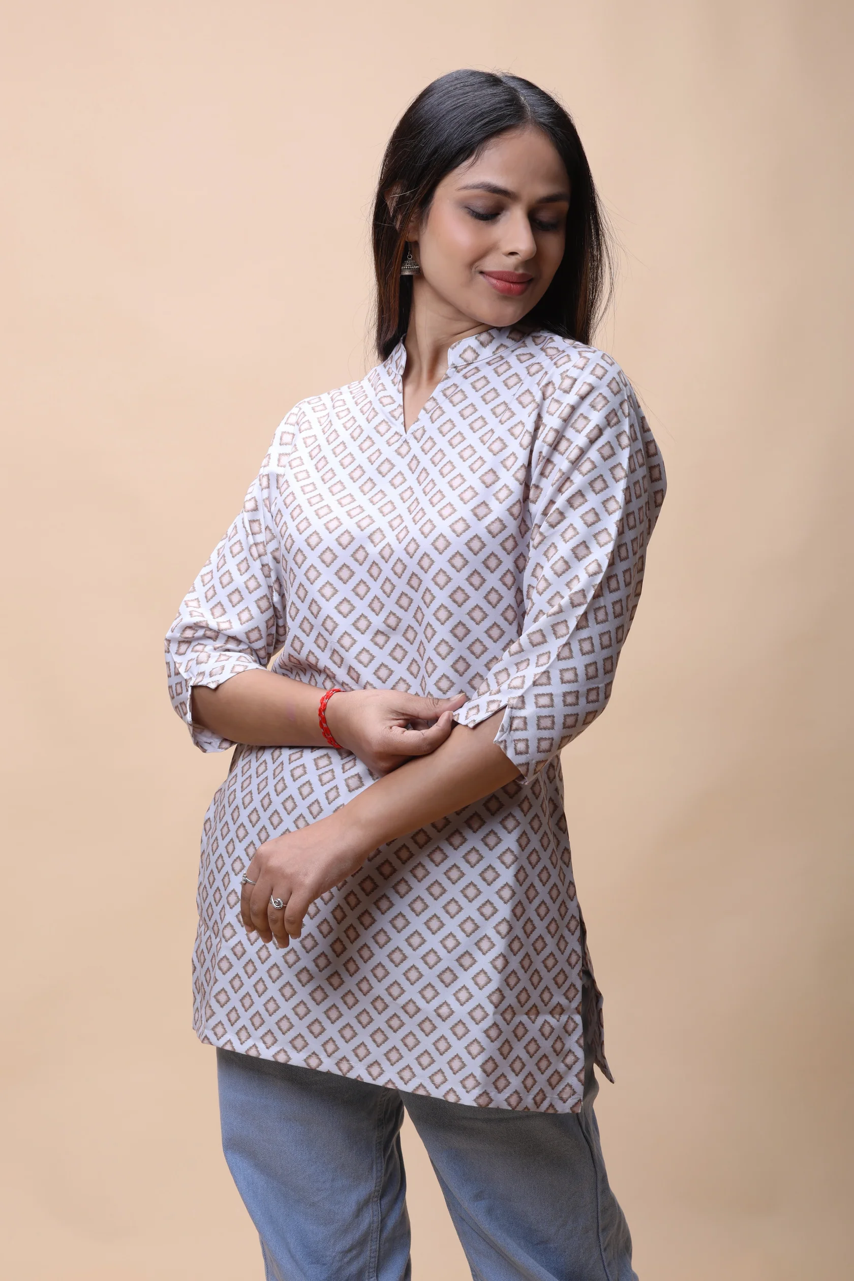 AllThereLightBrownPrintedShortKurtiWithStandCollarForWomen-2 Light Brown Printed Short Kurti - Image 3