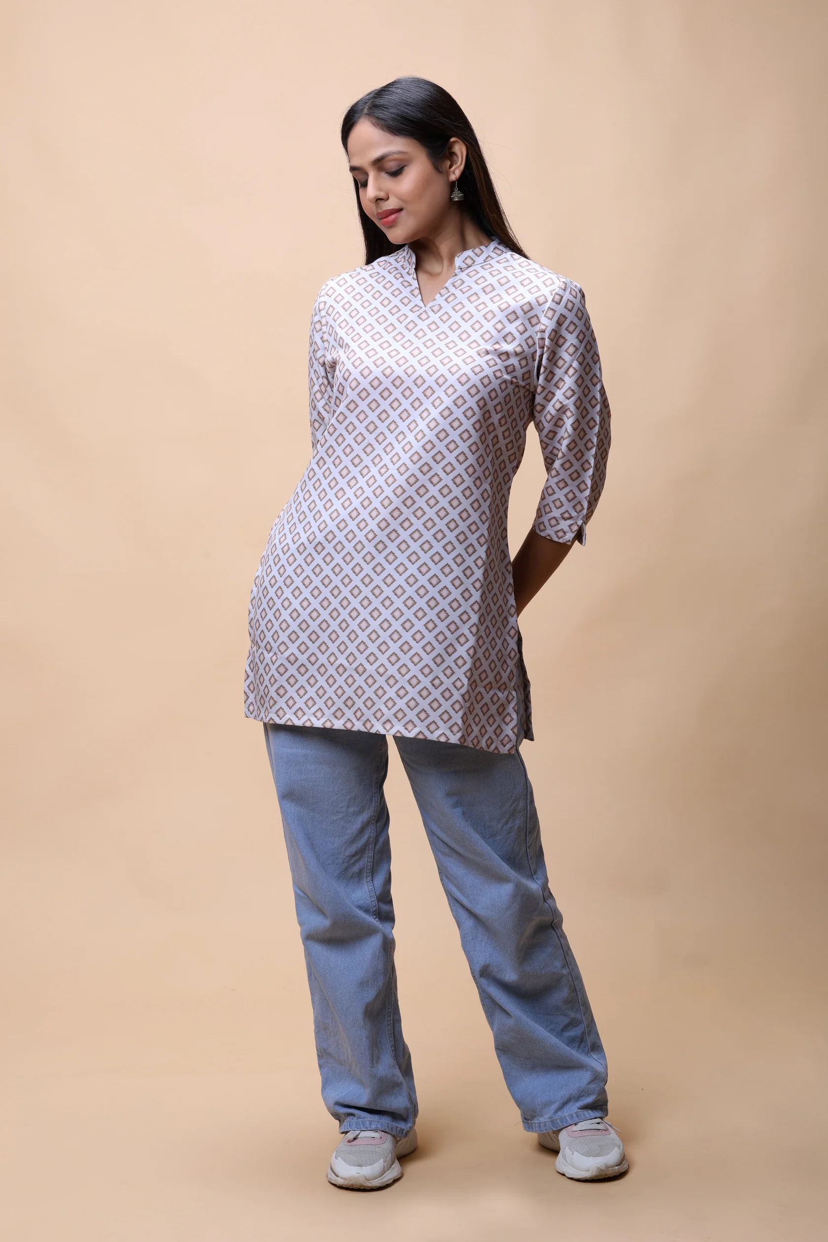AllThereLightBrownPrintedShortKurtiWithStandCollarForWomen-3 Light Brown Printed Short Kurti - Image 4