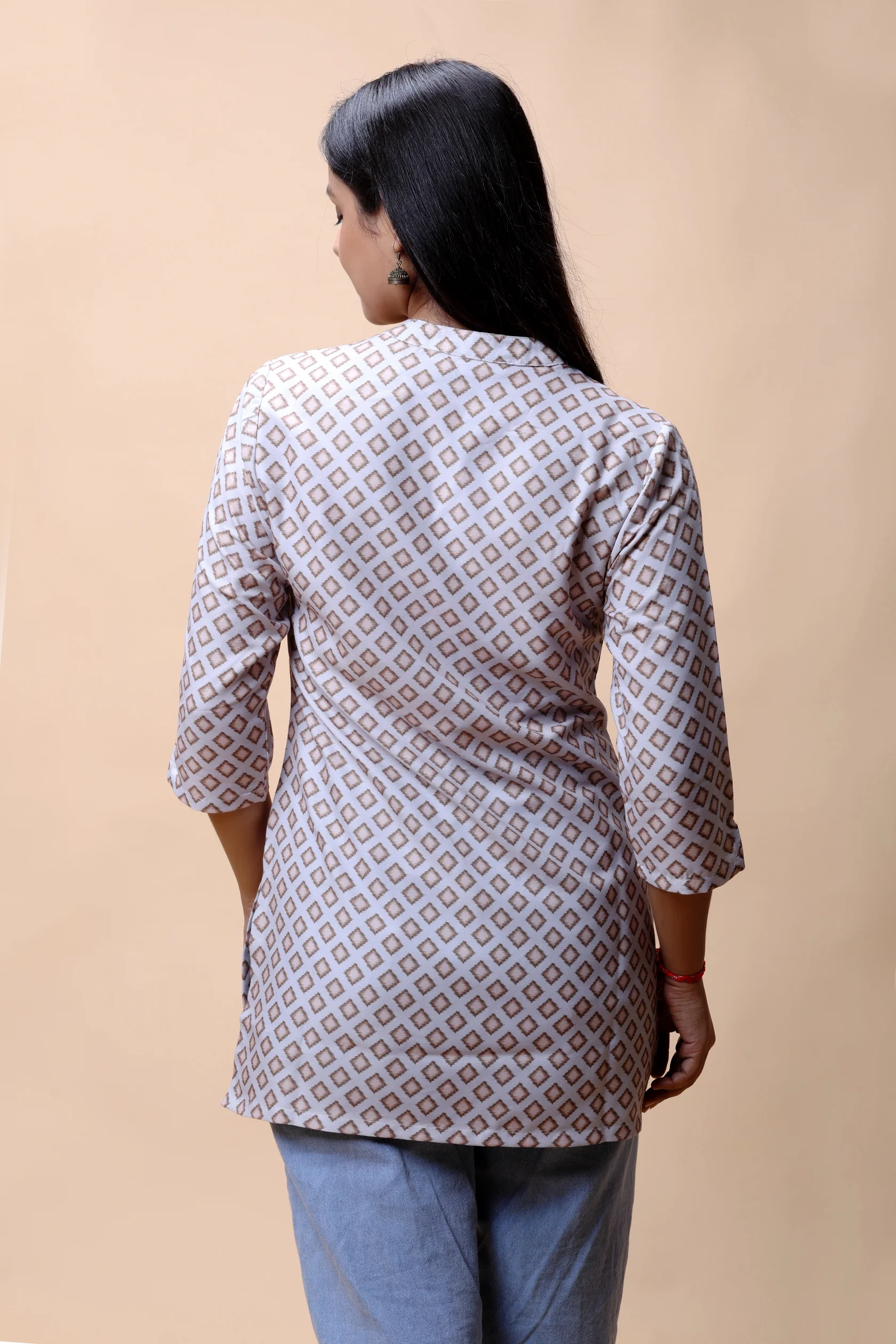 AllThereLightBrownPrintedShortKurtiWithStandCollarForWomen-4 Light Brown Printed Short Kurti - Image 5