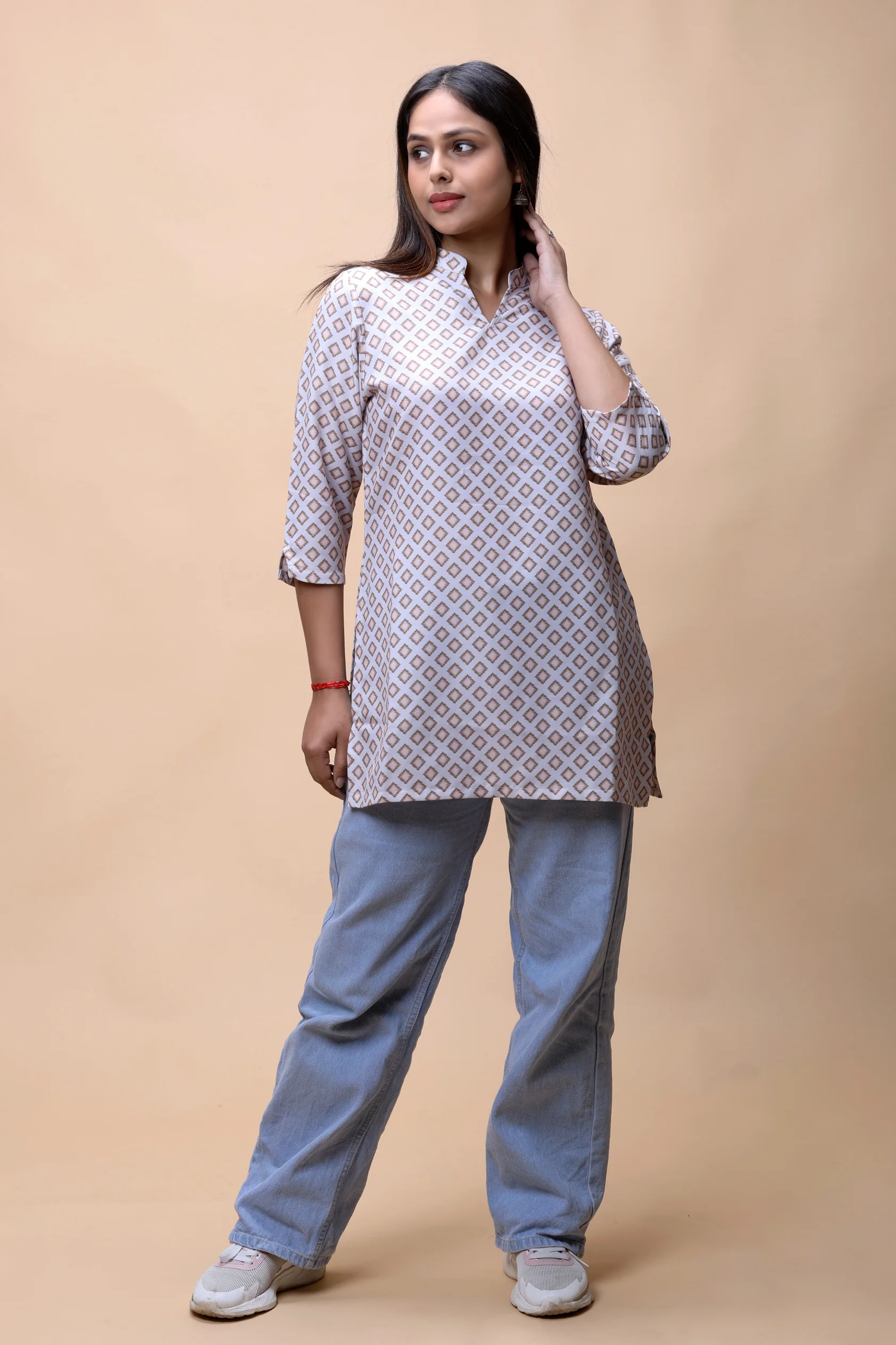 AllThereLightBrownPrintedShortKurtiWithStandCollarForWomen Light Brown Printed Short Kurti - Image 6