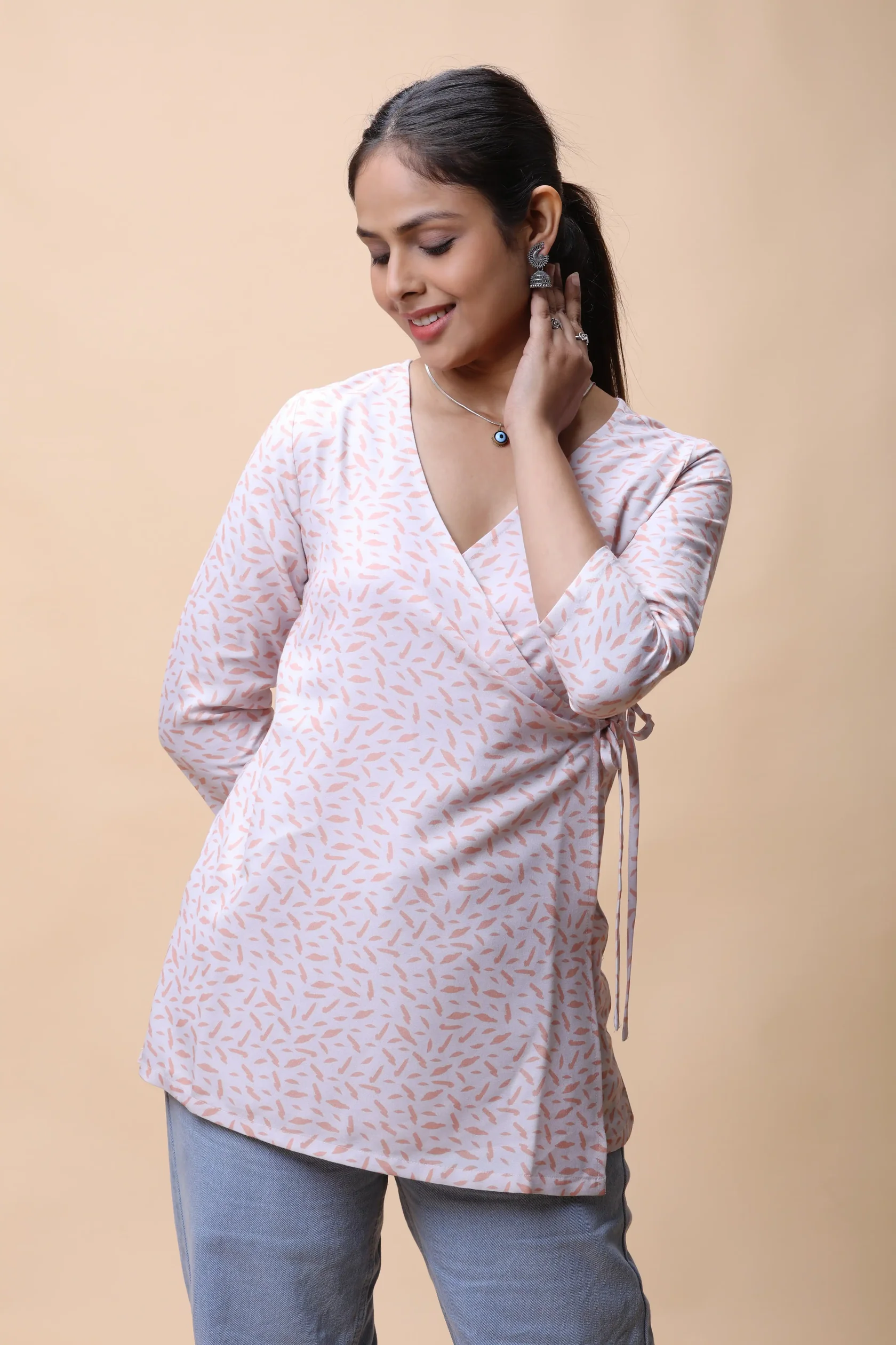 AllTherePeachWrapAroundPrintedShortKurtiForWomen-2 Peach Wrap Around Printed Short Kurti