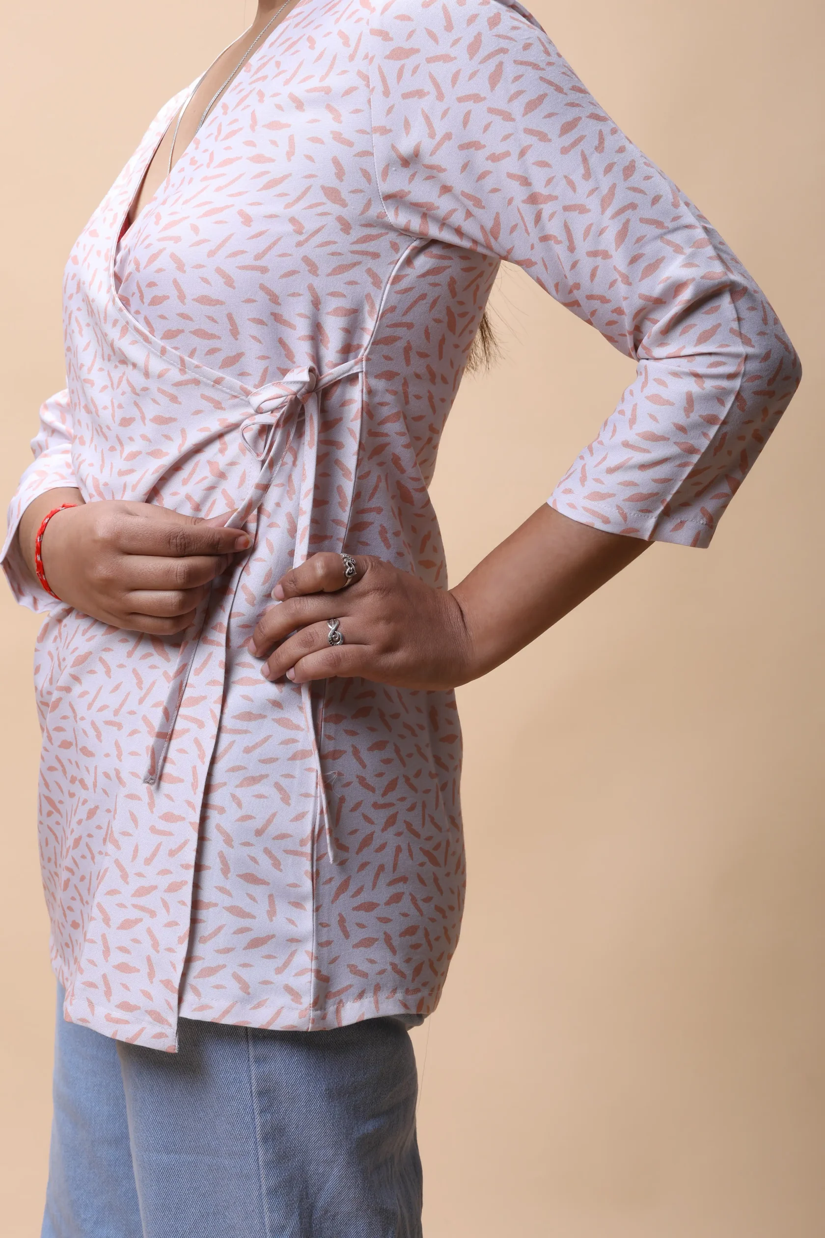 AllTherePeachWrapAroundPrintedShortKurtiForWomen-5 Peach Wrap Around Printed Short Kurti - Image 5