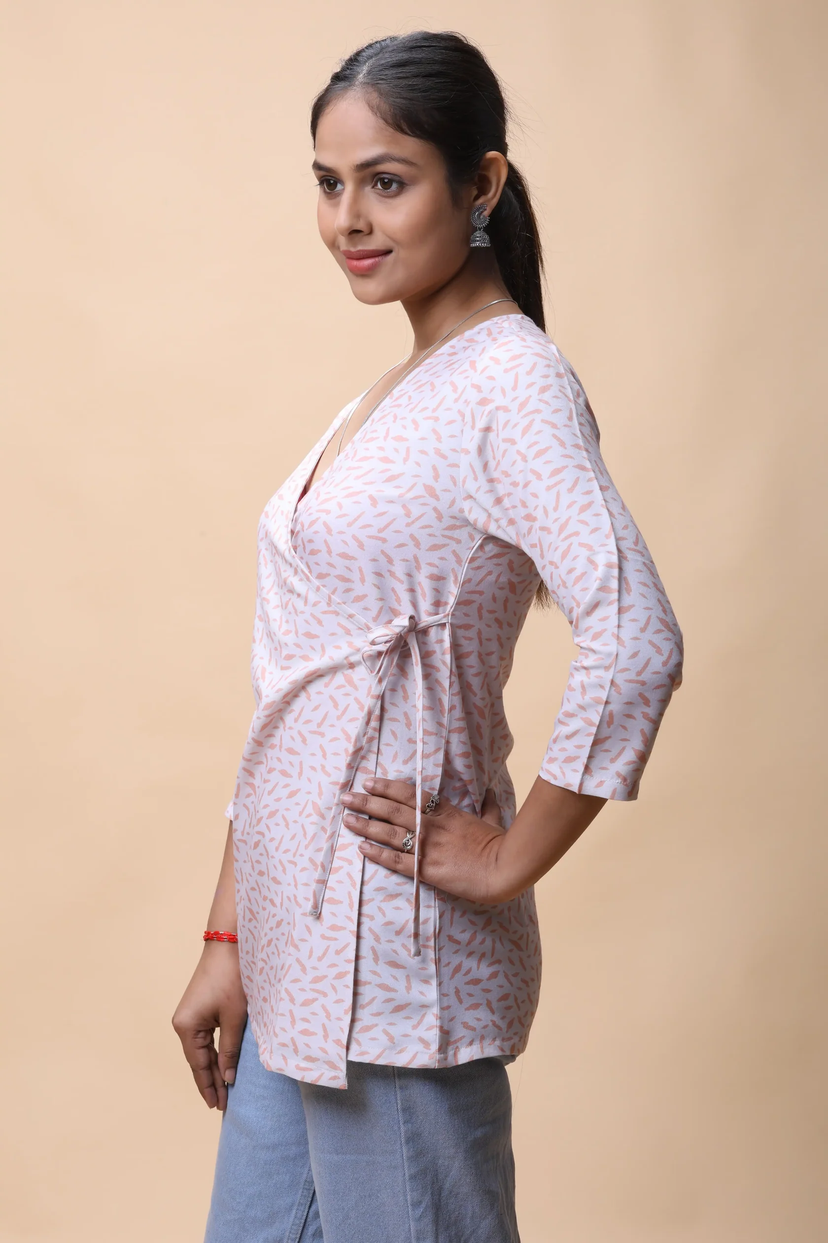 AllTherePeachWrapAroundPrintedShortKurtiForWomen-6 Peach Wrap Around Printed Short Kurti - Image 4