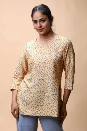 Yellow Empire Line Printed Short Kurti