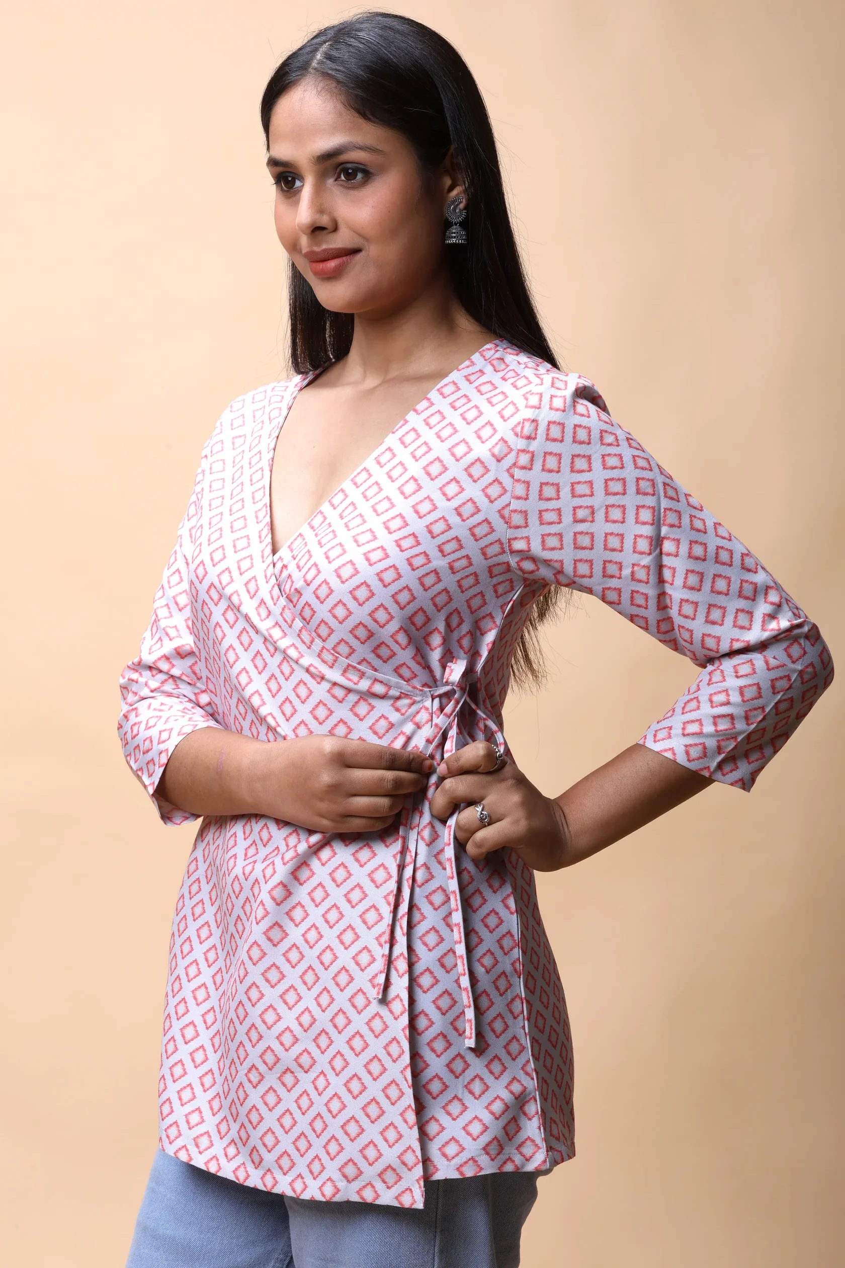 Pink Wrap Around Printed Short Kurti - Image 5