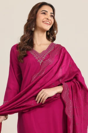 Burgundy Yoke Design Silk Blend Straight Suit With Dupatta