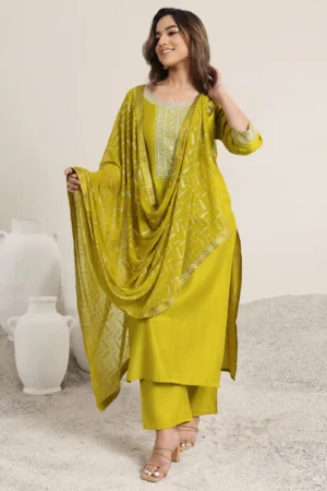 Green Yoke Design Silk Blend Straight Suit Set With Dupatta