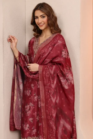 Red Printed Chinon Straight Suit Set With Dupatta