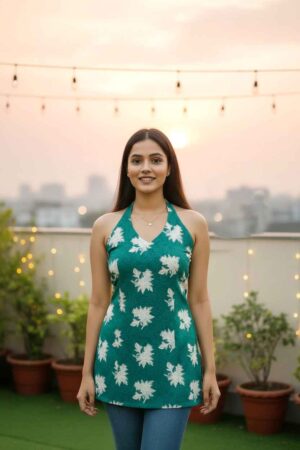 hot pink floral halter neck short kurti (copy)