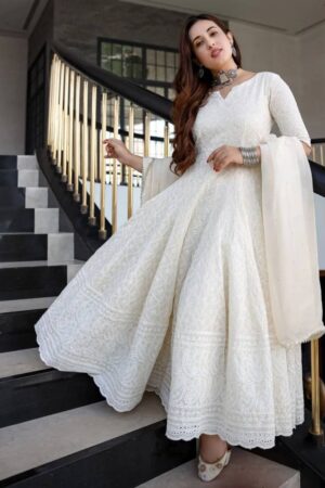 white anarkali kurta set with dupatta for women | jiostyles
