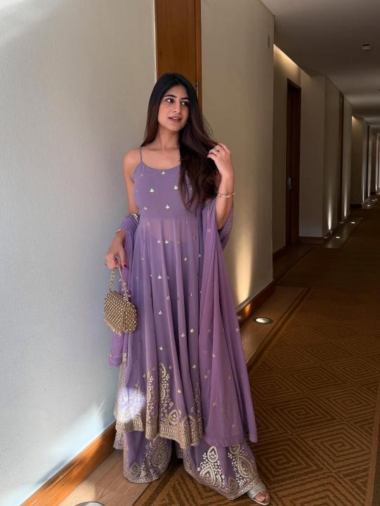 lavender embroidered sharara suit set with dupatta for women lavender embroidered sharara suit set with dupatta for women