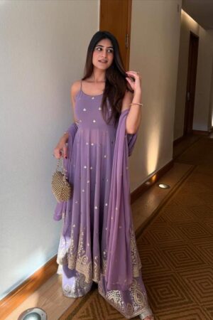 lavender embroidered sharara suit set with dupatta for women