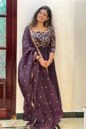 purple embroidered anarkali gown set with dupatta for women | jiostyles