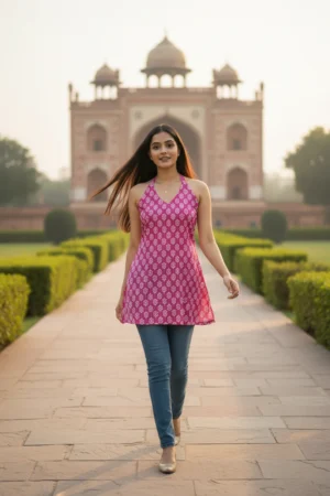 emerald green floral halter neck short kurti (copy)