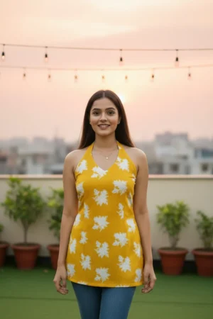 yellow floral halter neck short kurti