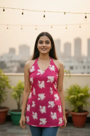sage green block print halter neck short kurti