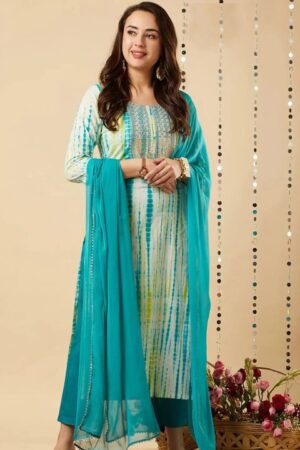 turquoise printed kurta set with dupatta