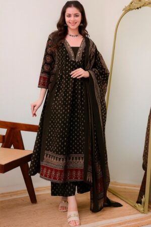 black ethnic print anarkali kurta set with dupatta
