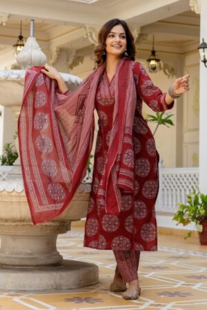 mauve floral print cotton kurta set with dupatta (copy)