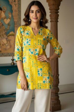 yellow floral print v neck cotton short kurti